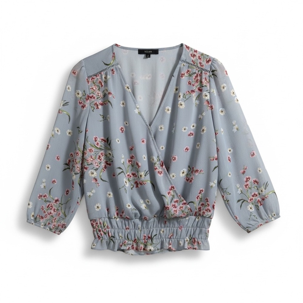 Eclair Floral Wrap Blouse Women Small Blue Smocked Waist 3/4 Sleeve fairycore